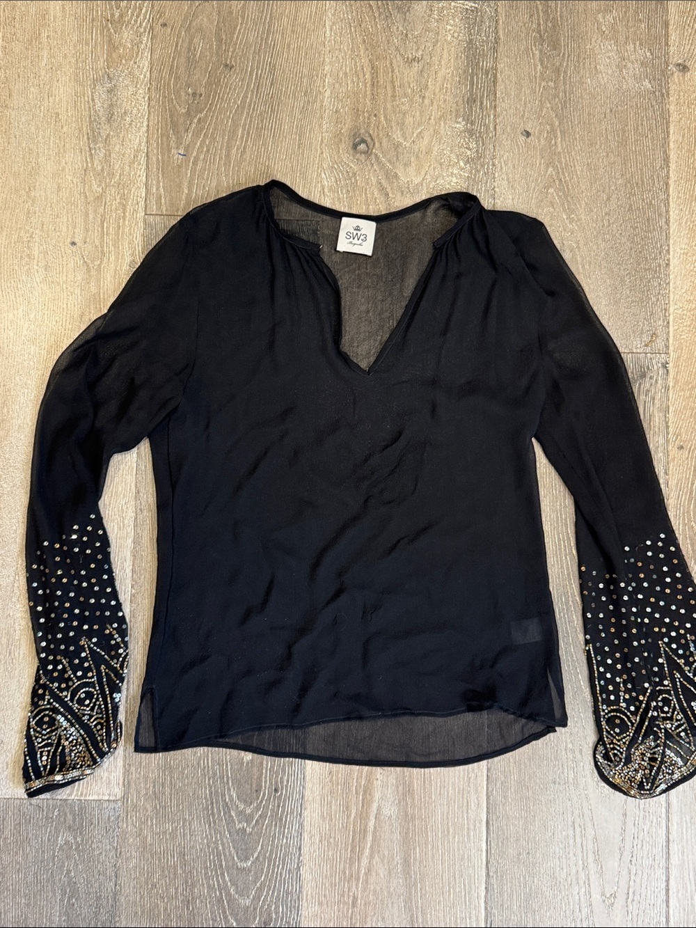 SW3 Bespoke 100% Silk Black Sheer V-Neck Top with Beaded Cuffs AZ0797